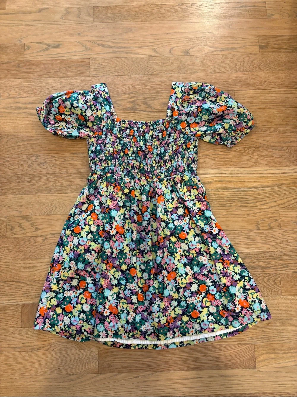 Girls Black Floral Puff-Sleeve Smocked Dress NWOT